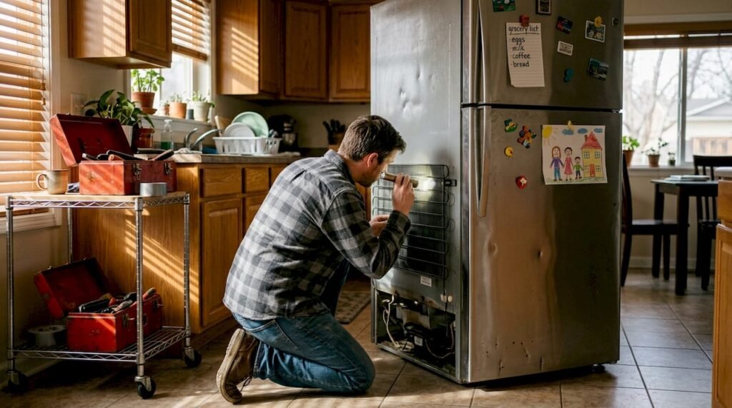 Homeowner examining back of kitchen refrigerator