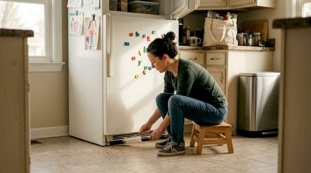 Woman cleaning refrigerator coils in home kitchen