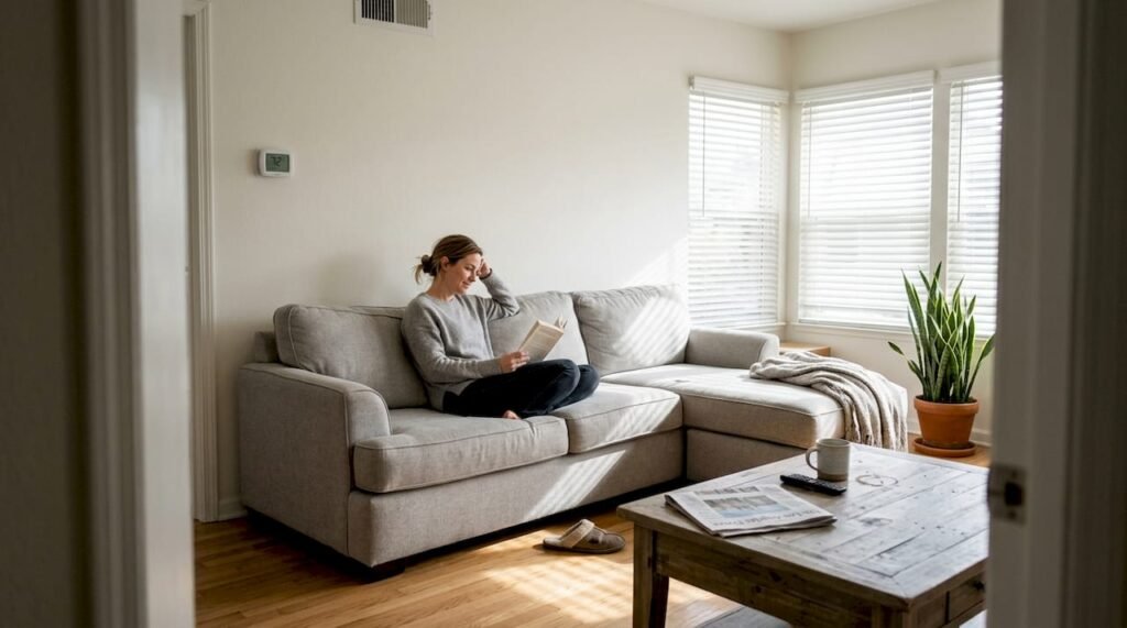 Woman relaxing in eco-friendly home living room
