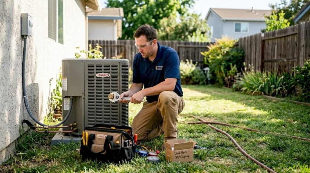Technician installing home HVAC heat pump outdoors