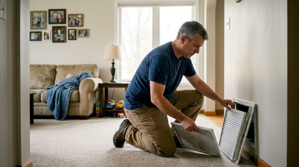 Homeowner replacing HVAC filter in living room