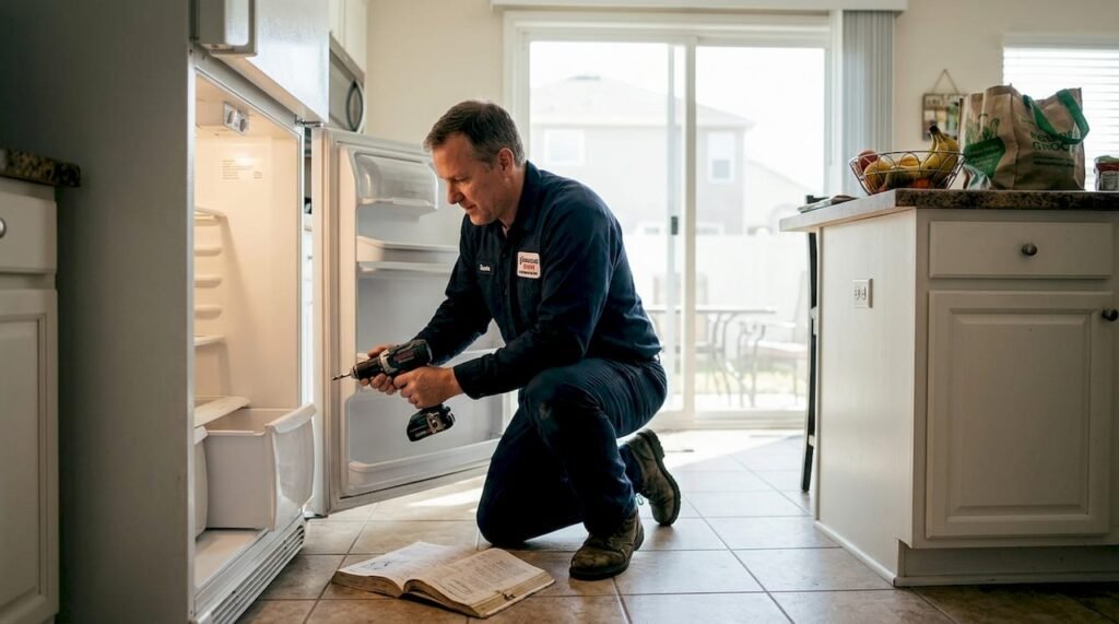Technician quickly repairing kitchen refrigerator