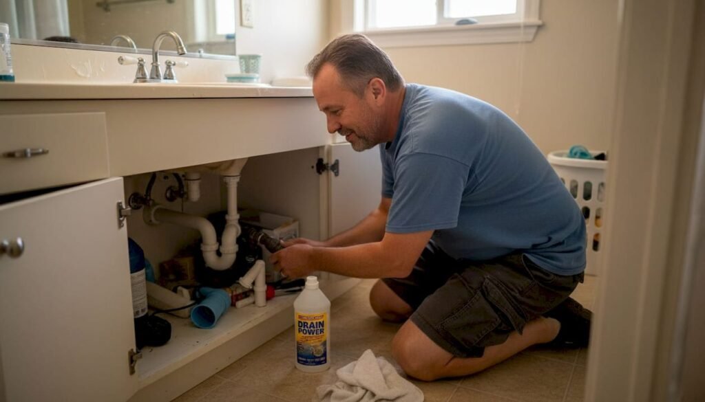 Homeowner inspecting bathroom drain under sink