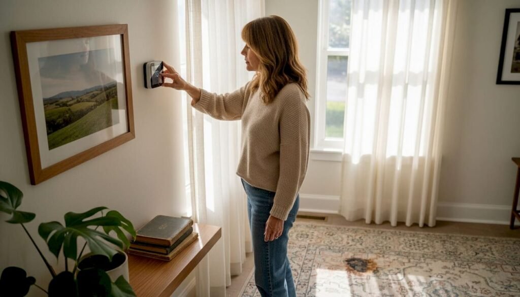 Woman adjusting thermostat in home