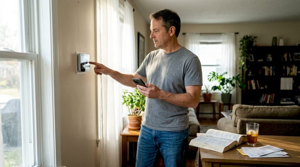 Homeowner adjusts thermostat in sunlit room