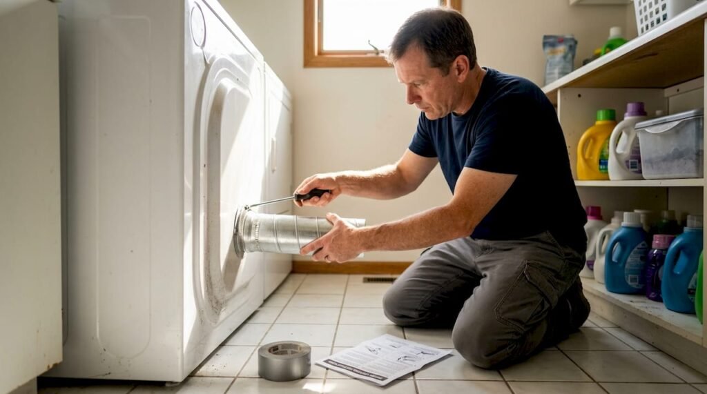 Homeowner connecting dryer vent duct
