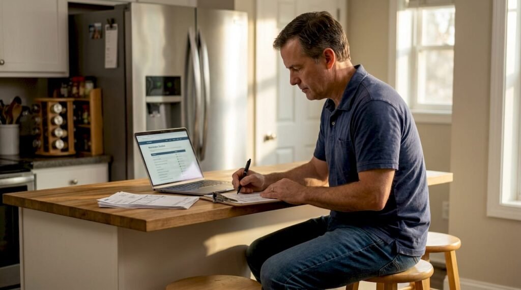 Homeowner reviewing maintenance checklist in kitchen