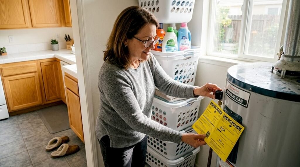 Homeowner checking water heater energy label