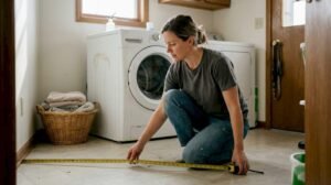 Homeowner measures laundry room floor space