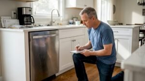 Man troubleshooting dishwasher with notepad