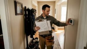 Technician adjusting home HVAC zoning thermostat