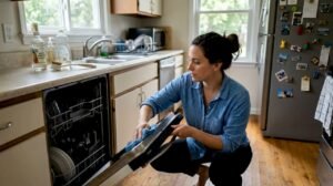 Woman cleaning dishwasher in bright kitchen