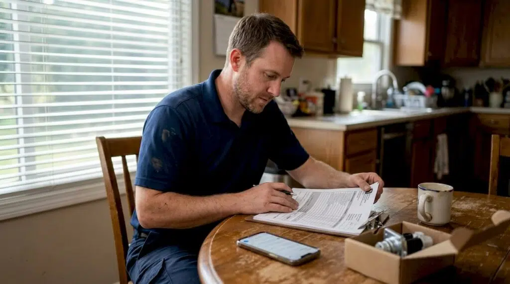 Technician preparing service estimate in kitchen