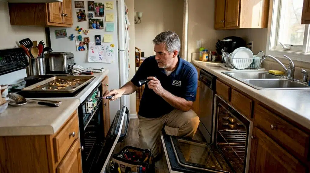 Technician troubleshooting oven circuit board