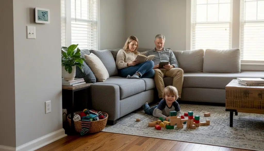 Family relaxed in living room with HVAC display