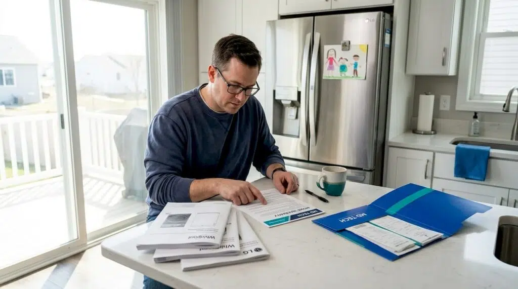 Homeowner reviewing home warranty paperwork