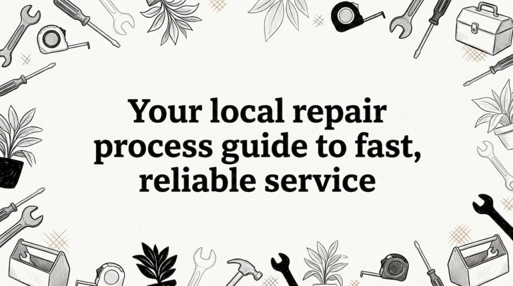 Hand-drawn title card with repair tool illustrations framing center