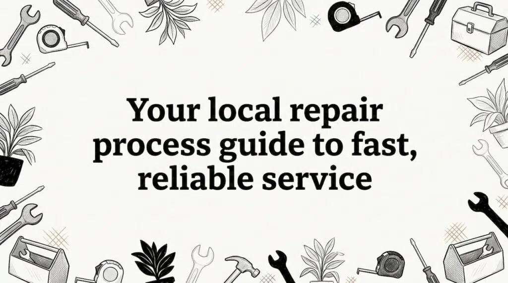 Hand-drawn title card with repair tool illustrations framing center