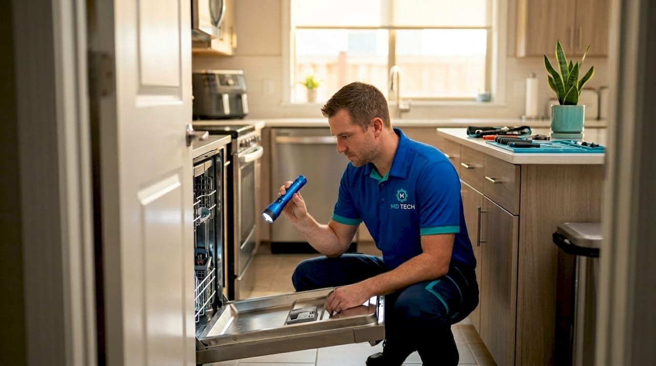 Technician checking dishwasher for urgent repair