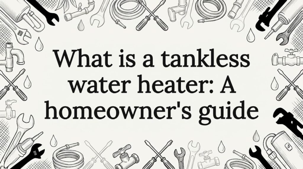 Decorative blog title card with water heater tools