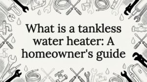 Decorative blog title card with water heater tools