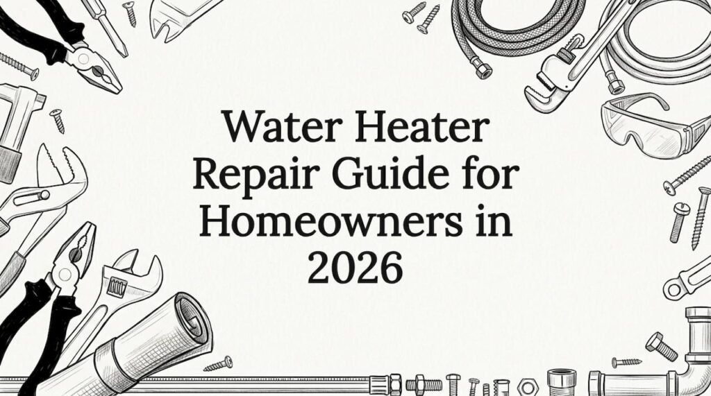 Decorative title card illustration with water heater tools