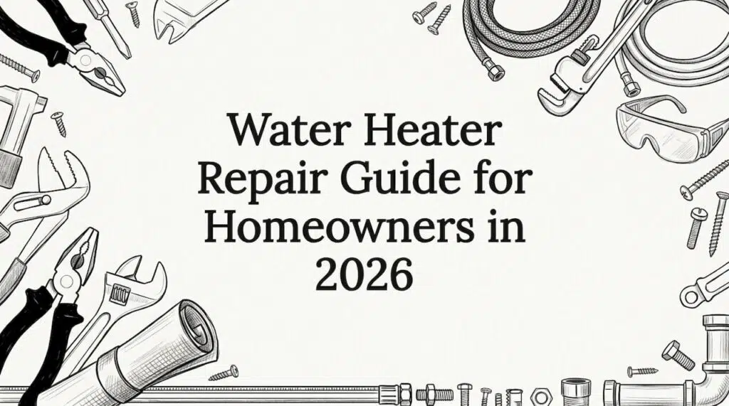 Decorative title card illustration with water heater tools