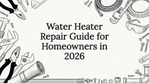 Decorative title card illustration with water heater tools
