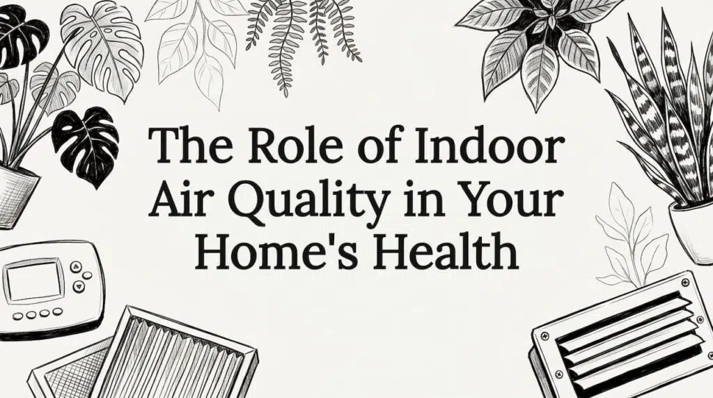 Hand-sketched home air quality objects framing title area