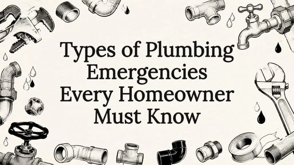 Decorative plumbing tools and water drops frame title area