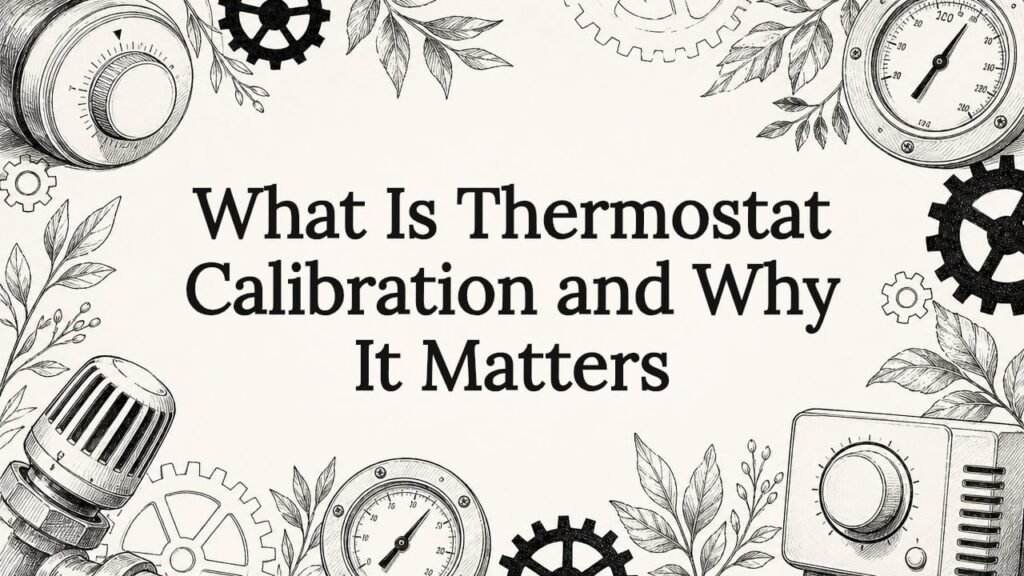 Illustrated decorative title card with thermostats and natural elements