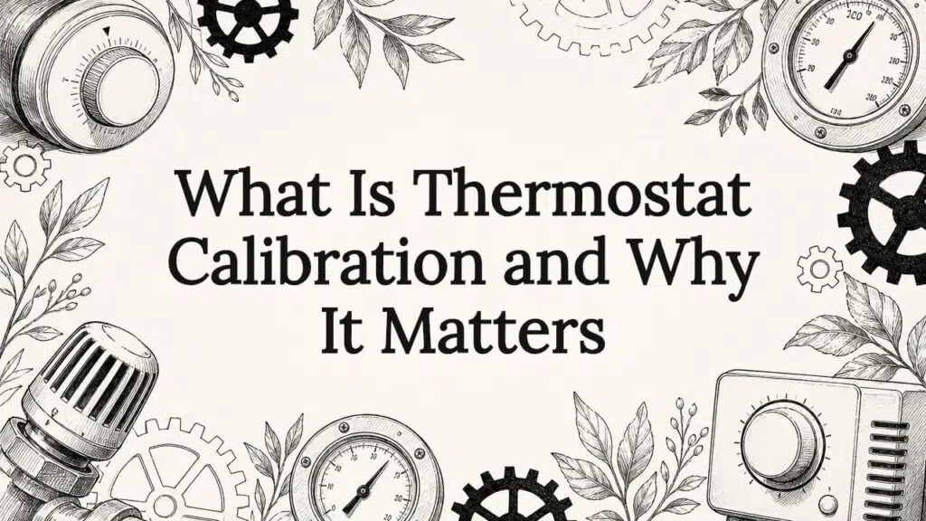 Illustrated decorative title card with thermostats and natural elements