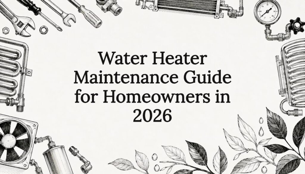 Decorative title card illustration for water heater maintenance