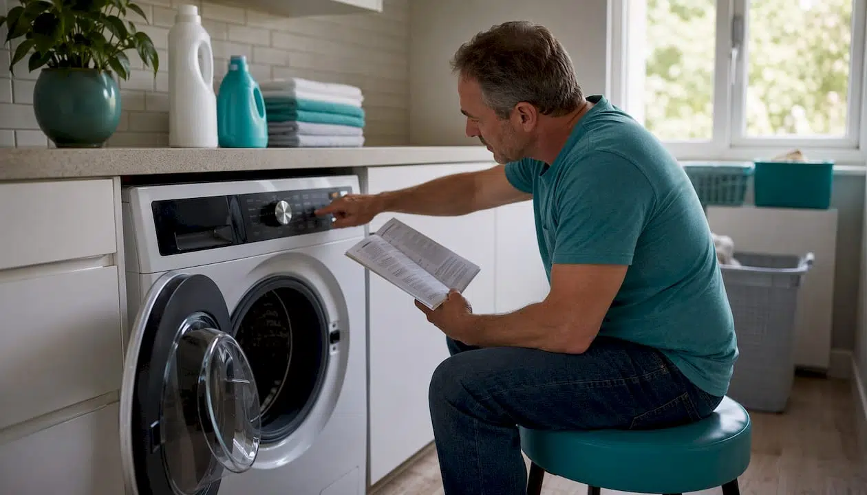 Man troubleshooting LG washer in laundry room
