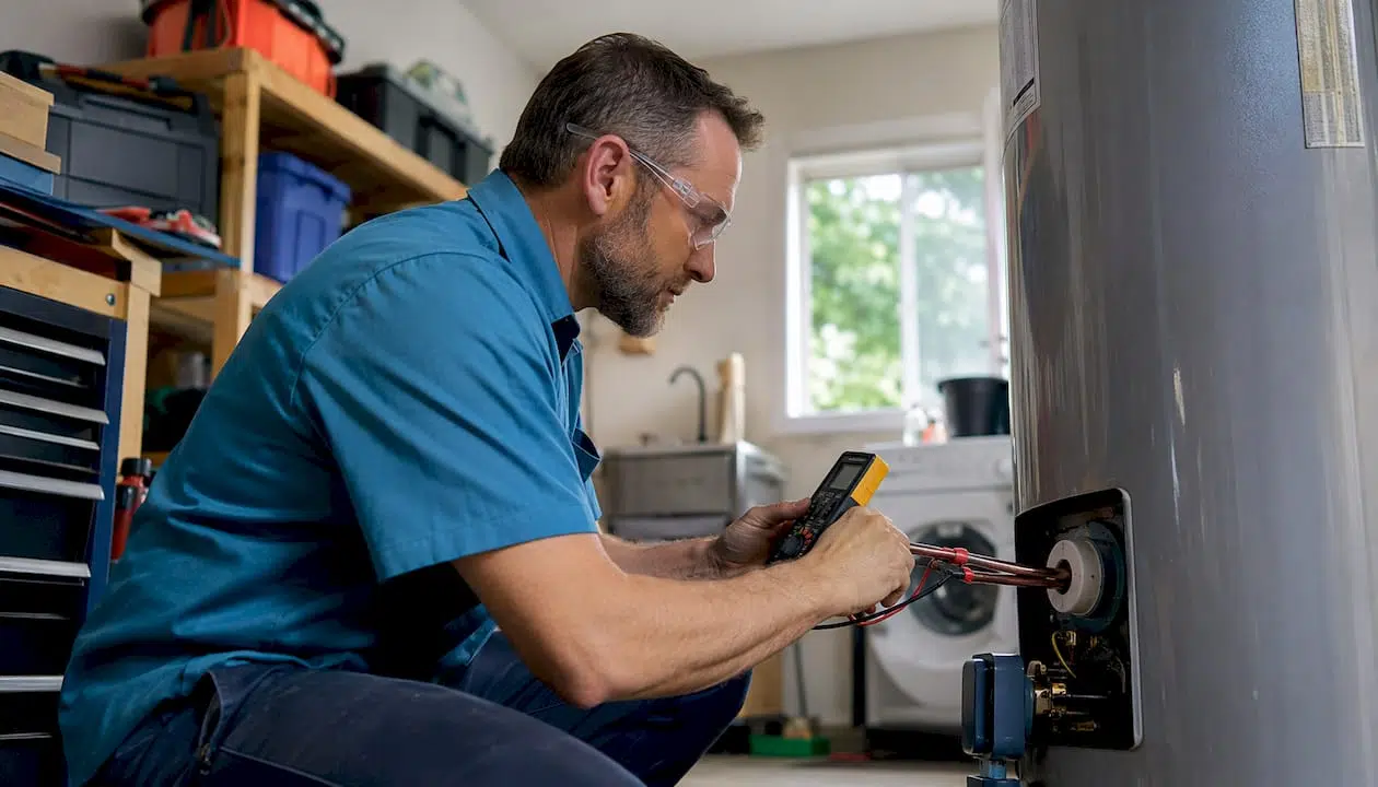 Technician testing water heater element