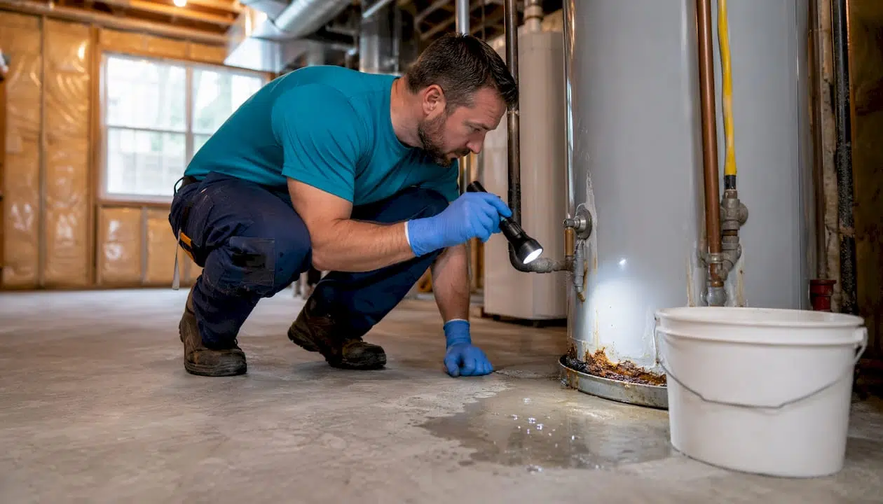 Close-up leak inspection at water heater base