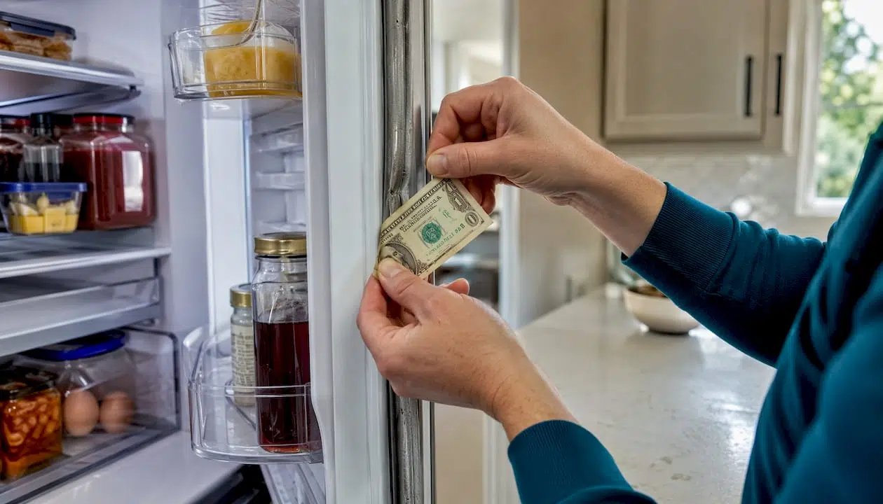 Close-up testing refrigerator door seal with bill