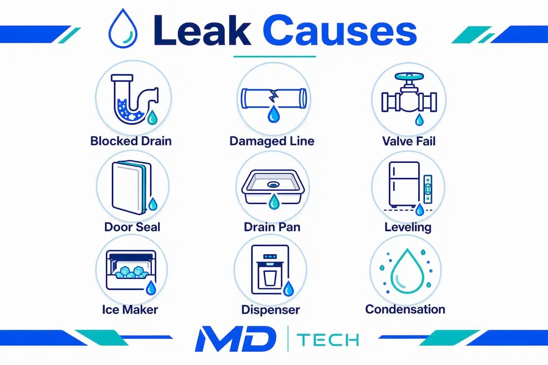 Infographic showing common refrigerator leak causes