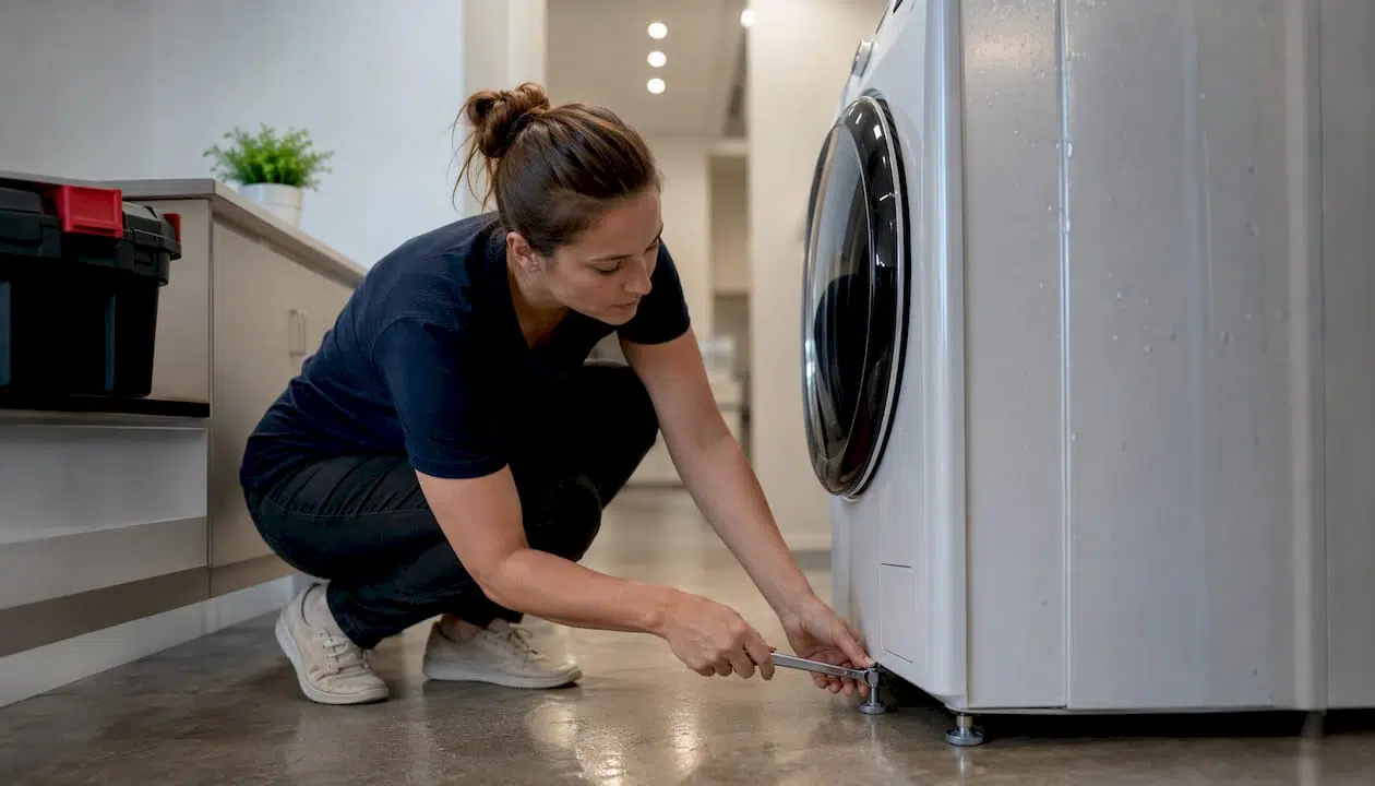 Hands adjusting washing machine feet leveling