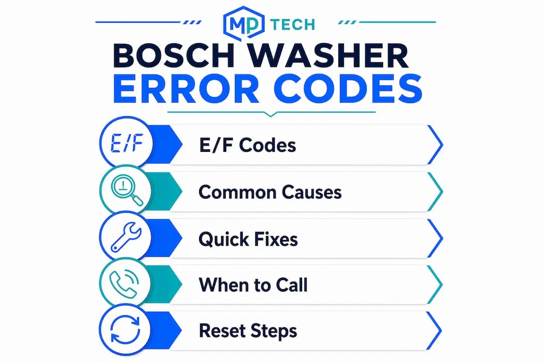 Infographic showing Bosch washer error codes overview with steps