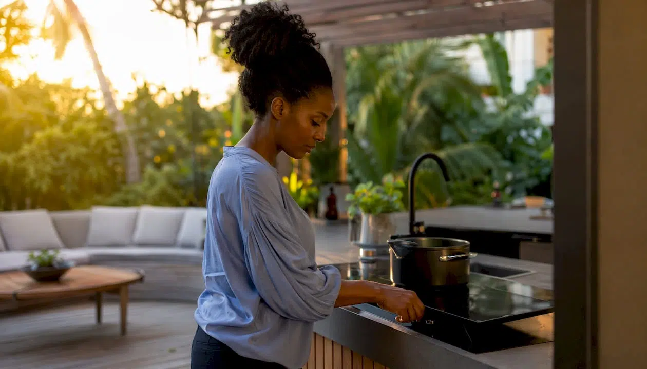Woman adjusting induction cooktop knob