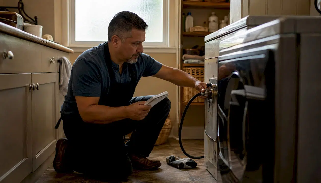 Man inspecting gas dryer hookup in laundry room