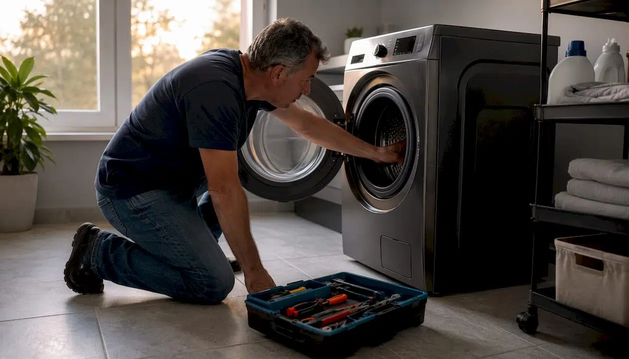 Person inspecting washing machine drum