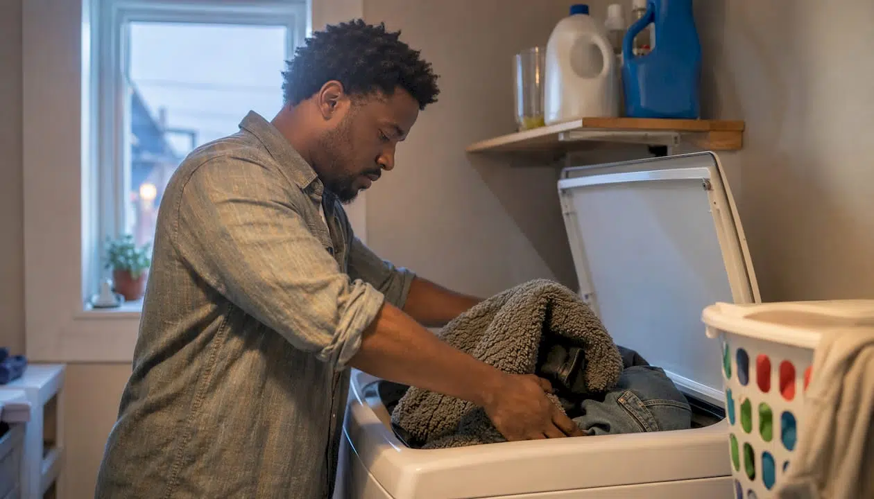 Person redistributing unbalanced clothes in washer drum