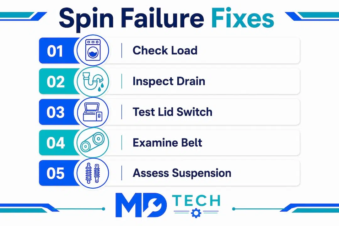 Infographic showing washing machine spin failure troubleshooting steps