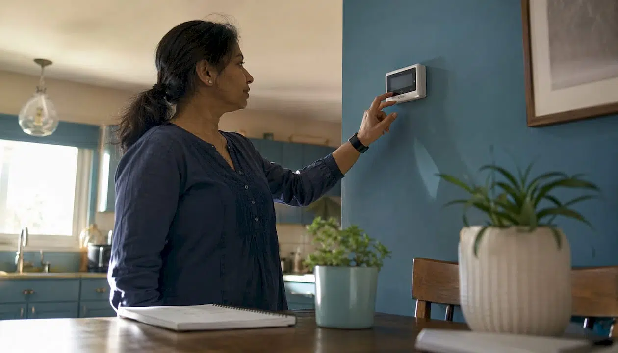 Homeowner inspecting thermostat on wall