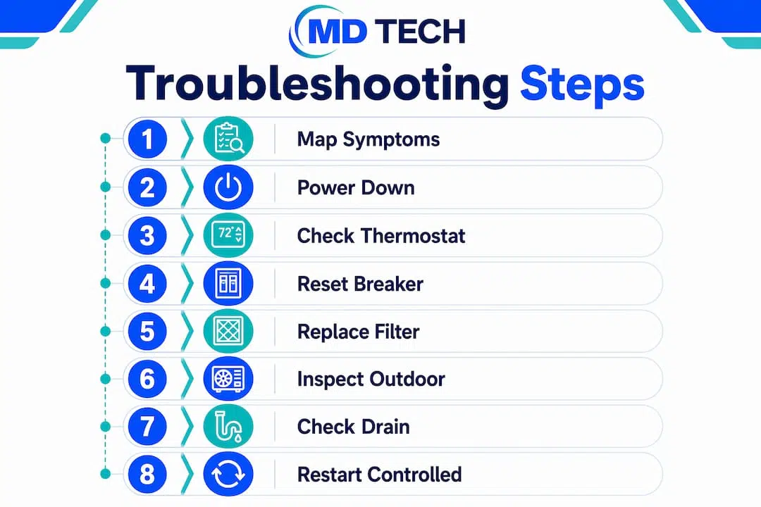 Infographic showing numbered air conditioning troubleshooting steps