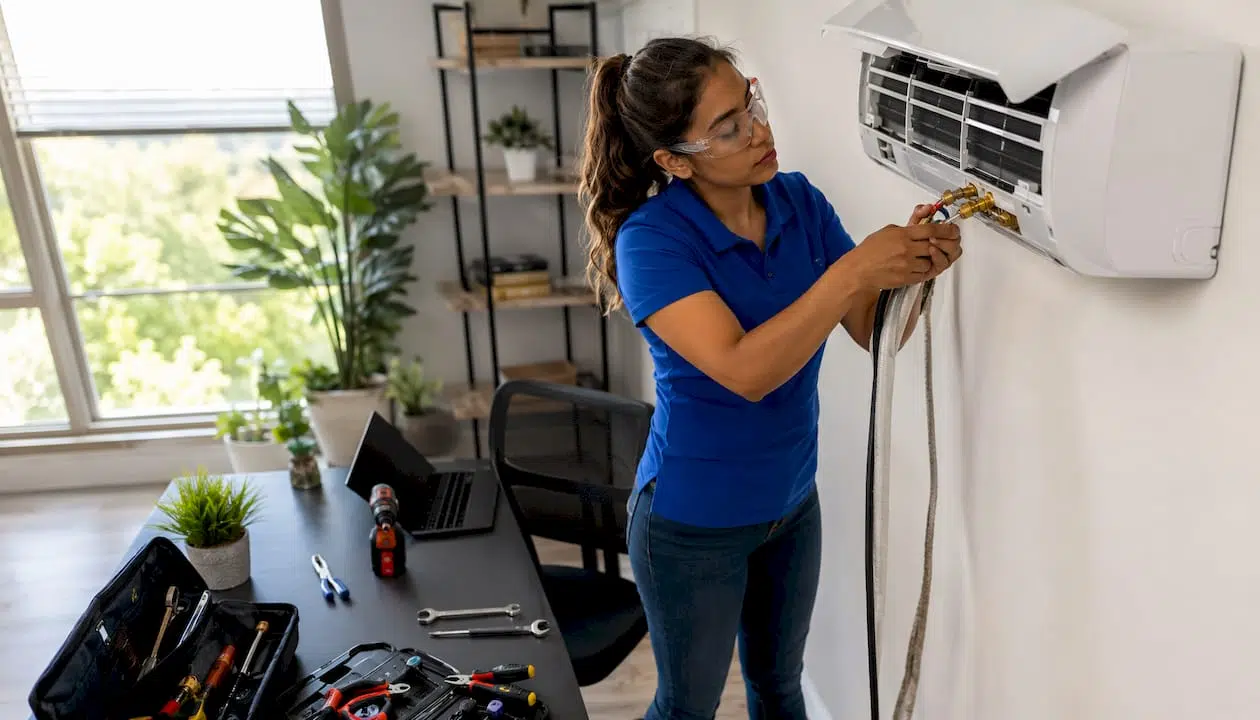 Technician installing ductless mini-split HVAC unit