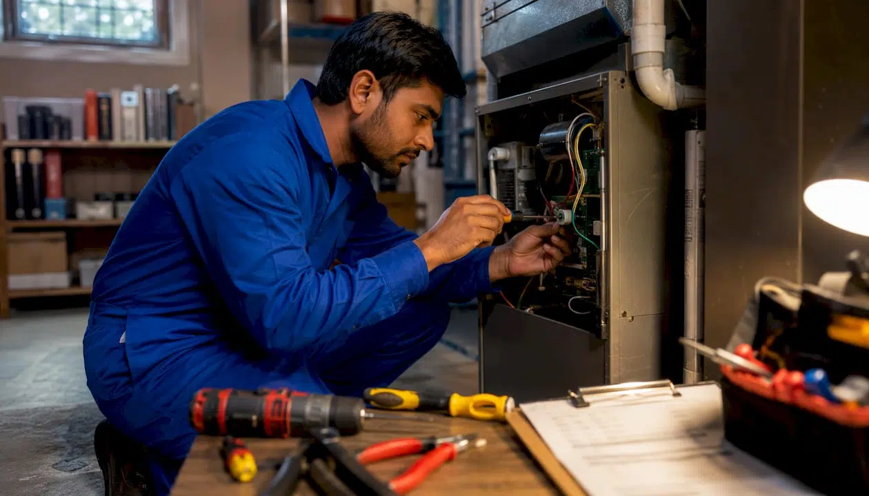 Technician repairing home furnace circuit
