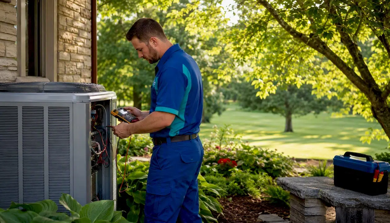 HVAC technician inspecting outdoor unit